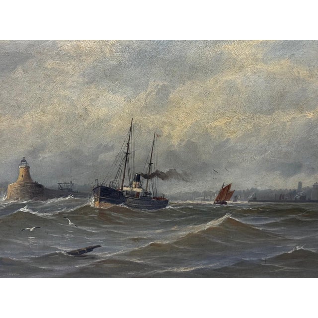 Antique Victorian Marine Oil Painting of the River Tyne, Steam Tug Leaving Newcastle, by John Davison Liddell, c.1890 A...