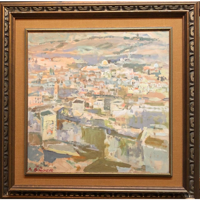 Avraham Binder, Large Abstract landscape of Jerusalem Israeli Oil Painting Judaica, c. 1950's For Sale