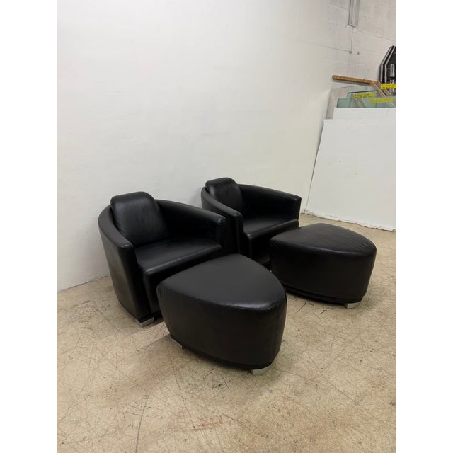 Art Deco Enzo Luca Art Deco Revival Leather Lounge Chairs and Footrests, 1990s - A Pair For Sale - Image 3 of 18