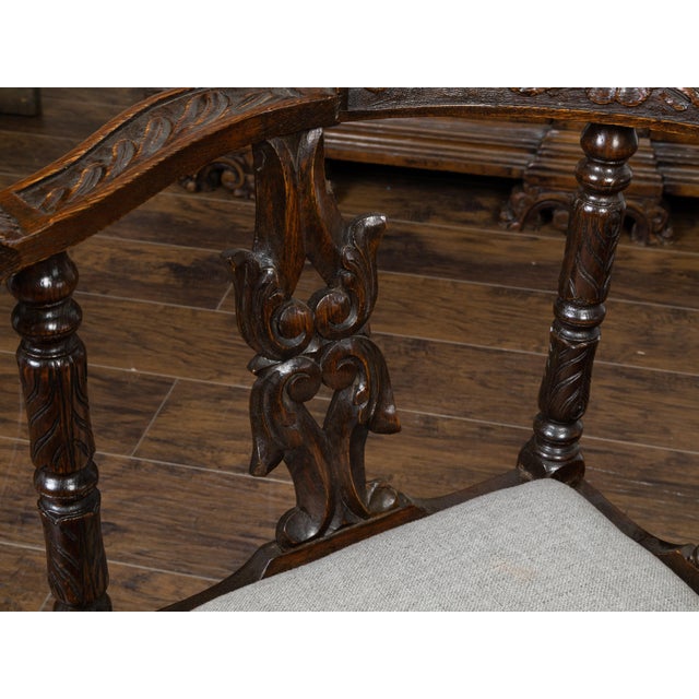 Wood English 19th Century Oak Corner Chair with Carved Foliage and New Upholstery For Sale - Image 7 of 10
