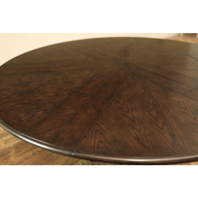 Brown 64 to 84 Round Transitional Ebonized Oak Jupe Table With Self-Storing Leaves Seats 6-10 People For Sale - Image 8 of 11