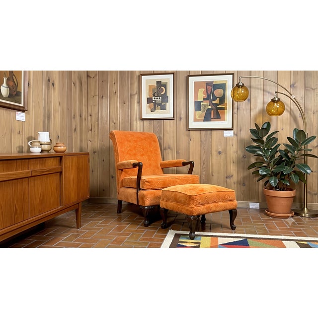 MCM Victorian-Style Carved Walnut Armchair and Ottoman For Sale - Image 4 of 17