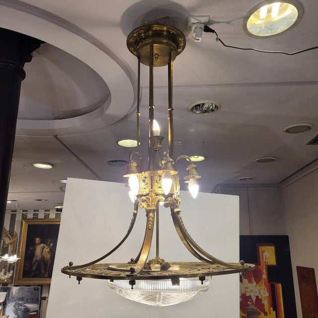 1930s Art Nouveau Ceiling Lamp in Gilt Bronze and Frosted Crystal, France, 1930s For Sale - Image 5 of 18