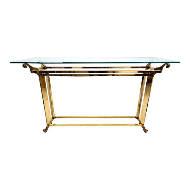 Mastercraft Style Console Table Glass & Brass For Sale