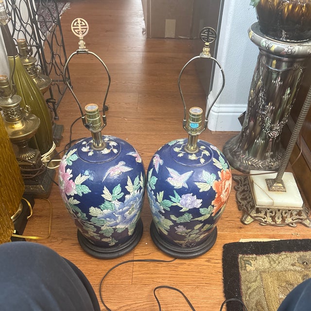 Pretty Navy Blue Chinoiserie Lamps with Yellow, Pink and Apricot Peonies and Green Leaves.