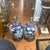 Pretty Navy Blue Chinoiserie Lamps with Yellow, Pink and Apricot Peonies and Green Leaves.