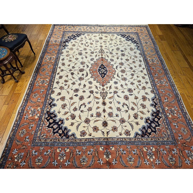 Persian Vintage Tabriz Rug, Hand-Knotted Wool, Floral Medallion Pattern, Ivory & Terracotta, 9x13 For Sale - Image 3 of 13
