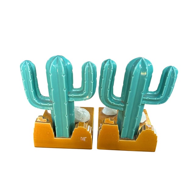 Vintage 80s Japanese Vandor Ceramic Cacti Cactus Bookends a Pair For Sale - Image 4 of 7