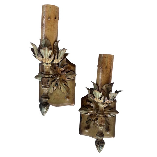 What’s not to love about these sconces. The leaf details on the sconce’s arms are fabulous. Original painted...