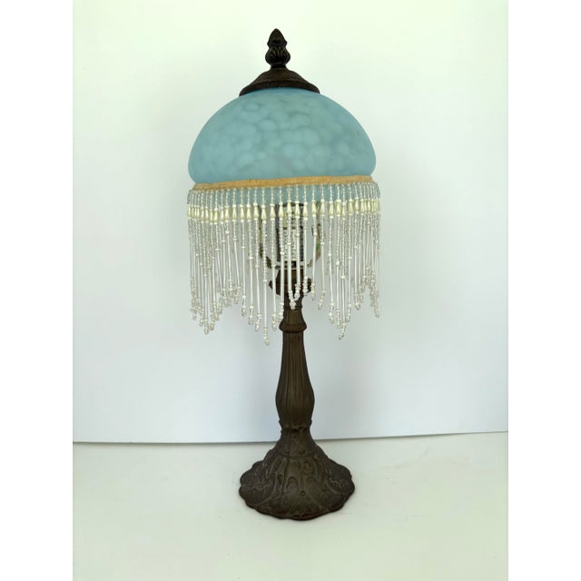 1940s 1940s Art Nouveau Boudoir Lamp With Blue Satin Glass Shade & Beaded Fringe 15-1/2” For Sale - Image 5 of 7