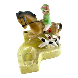 Vintage 1940's Hiten Japan Porcelain Equestrian Desk Caddy With Horse & Dogs For Sale