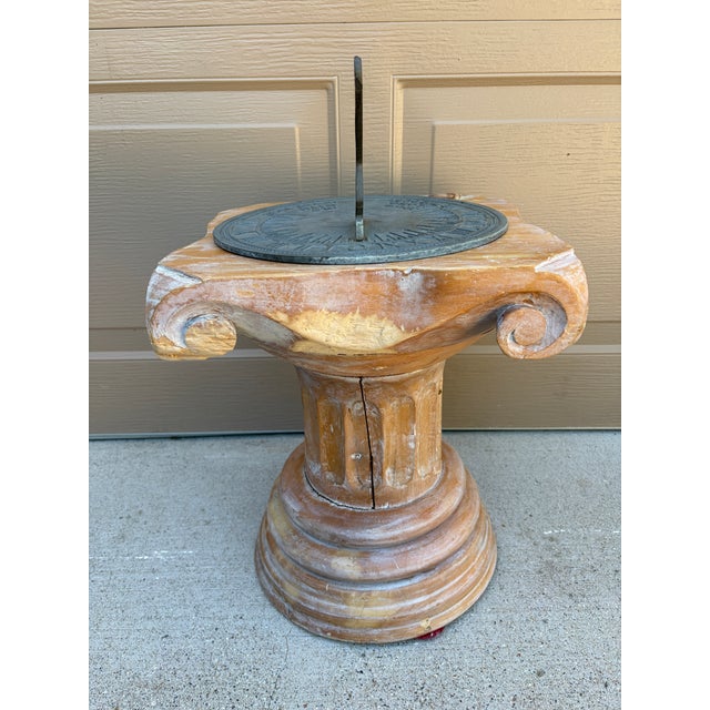 Verdigris Late 20th Century Iron Verdigris Sundial on Neoclassical Carved Wooden Columnar Pedestal Stand For Sale - Image 8 of 12