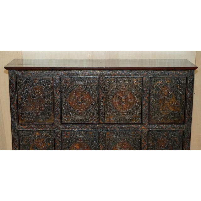 Antique Tibetan Chinese Deer & Flower Polychrome Painted Altar Sideboard For Sale - Image 3 of 18