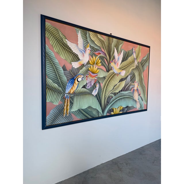 Beautiful vintage Balinese acrylic painting on canvas featuring an exotic tropical scene with colorful parrots and birds...