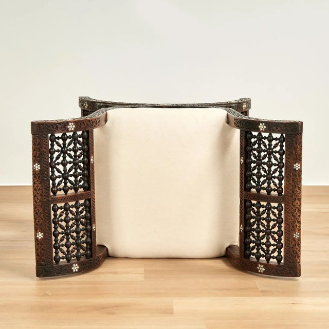 Brown Antique Moroccan Inlaid and Carved Bench For Sale - Image 8 of 15