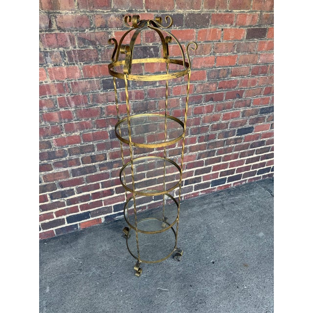 Traditional Vintage Brass Tone Iron Display Shelf With Four Glass Shelves. For Sale - Image 3 of 6
