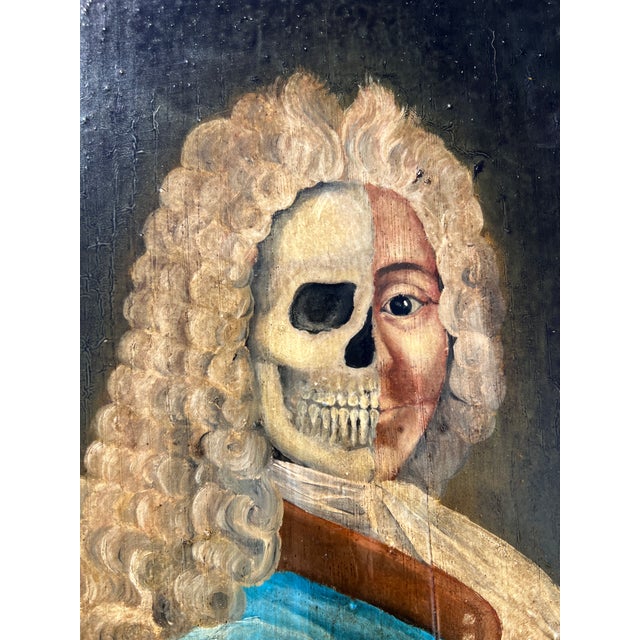Memento Mori Baroque Style Oil on Wood Panel Portrait Painting a French Nobleman With Dual Faced Man For Sale - Image 11 of 12