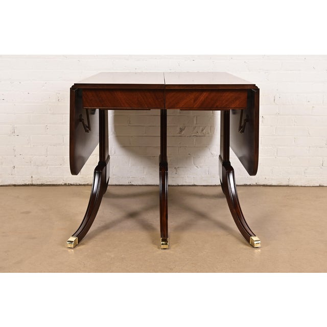 Drexel Regency Carved Mahogany Drop-Leaf Triple Pedestal Extension Dining Table, Newly Refinished For Sale - Image 12 of 17