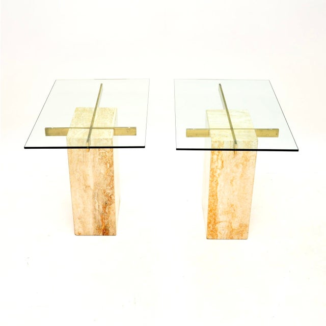 Vintage Italian Travertine and Brass Side Tables from Artedi, 1970s, Set of 2 For Sale - Image 4 of 12