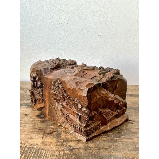 Mid 20th Century Vintage Hand Carved Asian Landscape Wood Box For Sale - Image 5 of 12