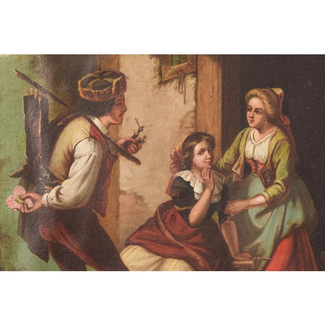 In the style of the dutch golden age masters, this charming painting shows a young man courting a lady, ready to surprise...