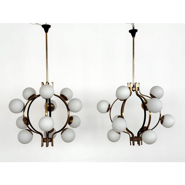 Mid-Century Italian Brass and Opaline Glass Chandelier from Stilnovo, 1950s For Sale - Image 11 of 18