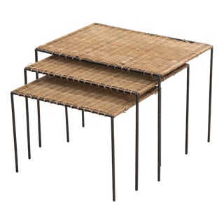 Nesting Tables in Wicker and Metal, 1950s, Set of 3 For Sale