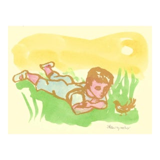 1960 Frank Kleinholz Boy and Bird Color Serigraph For Sale