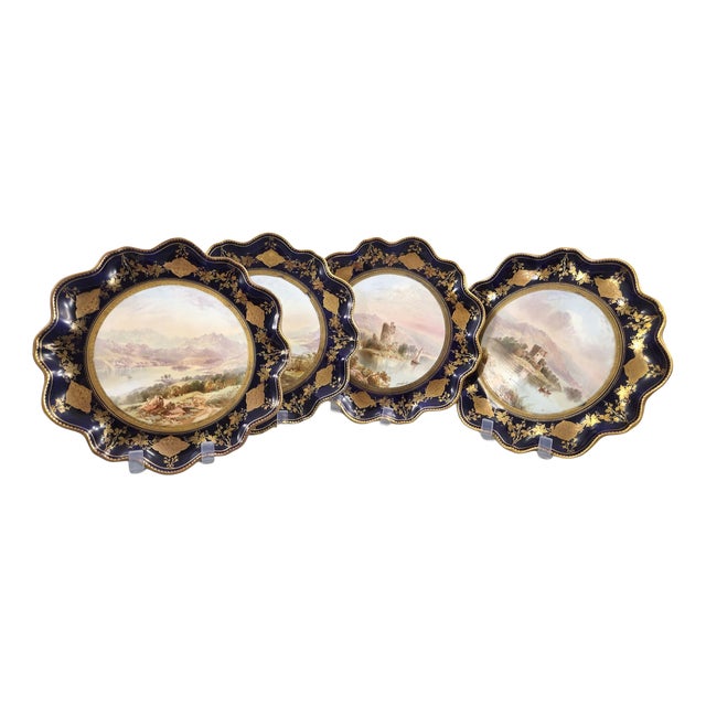 Porcelain View Service Plates by J. J. Birbeck for Aynsley, 1888, Set of 4 For Sale