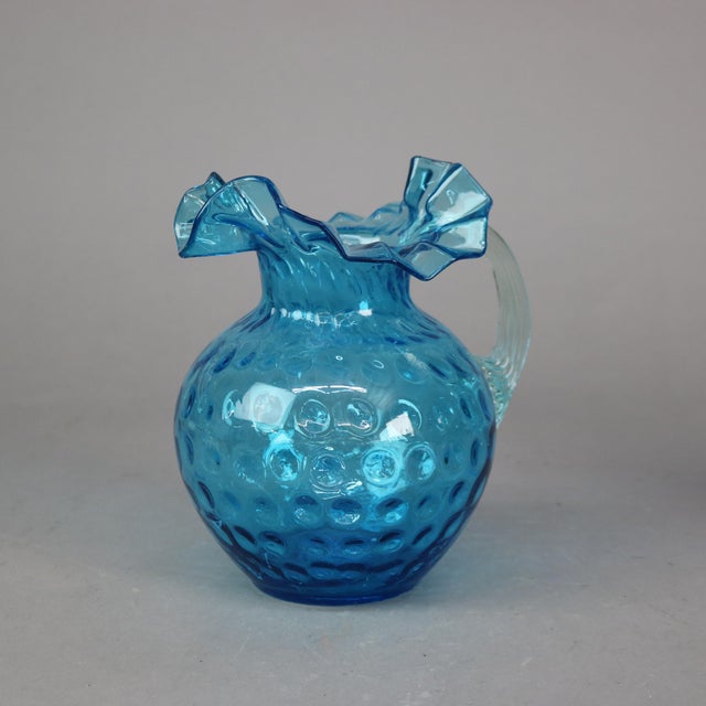 Antique Ariel Blue Coinspot Ruffle Top Glass Water Pitcher, Circa 1900 For Sale - Image 4 of 11