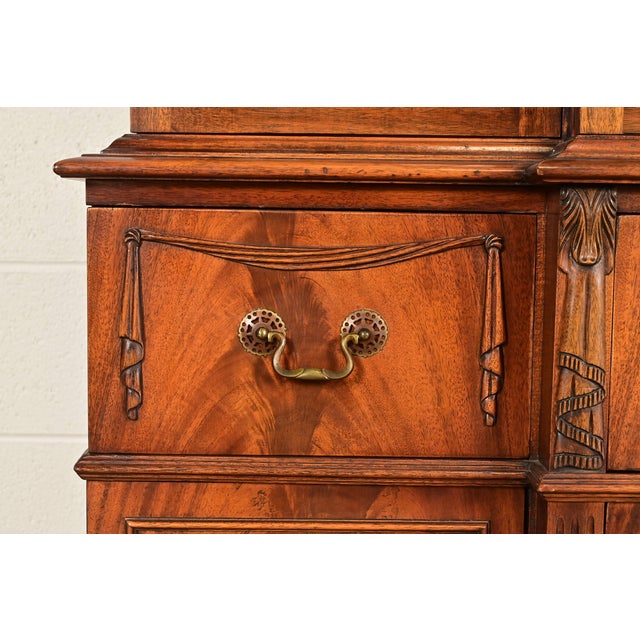 Baker Furniture Style Regency Flame Mahogany Lighted Breakfront Bookcase Cabinet With Drop Front Secretary Desk, Circa 1940s For Sale - Image 11 of 16