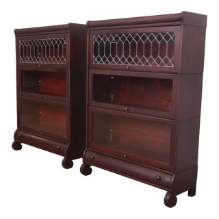 Antique Arts & Crafts Mahogany Three-Stack Barrister Bookcases With Leaded Glass - a Pair For Sale