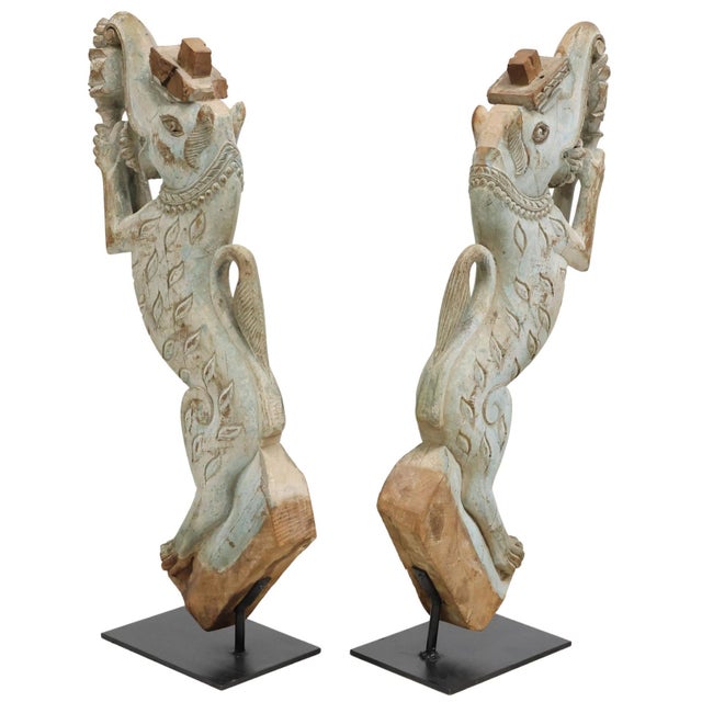 19th Century Southeast Asian Temple Pillar Strut Architectural Carved Painted Wooden Elephant Bracket For Sale - Image 5 of 11