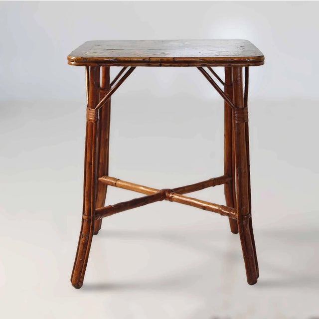 Boho Chic Vintage Bamboo Side Table With Decoupage Top For Sale - Image 3 of 6