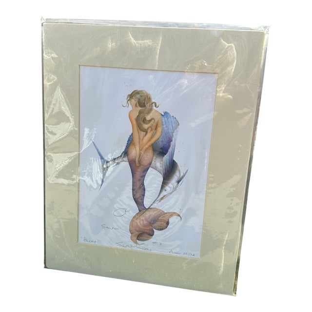 1910s Sealed Original Drawing of a Mermaid in Paper Frame For Sale