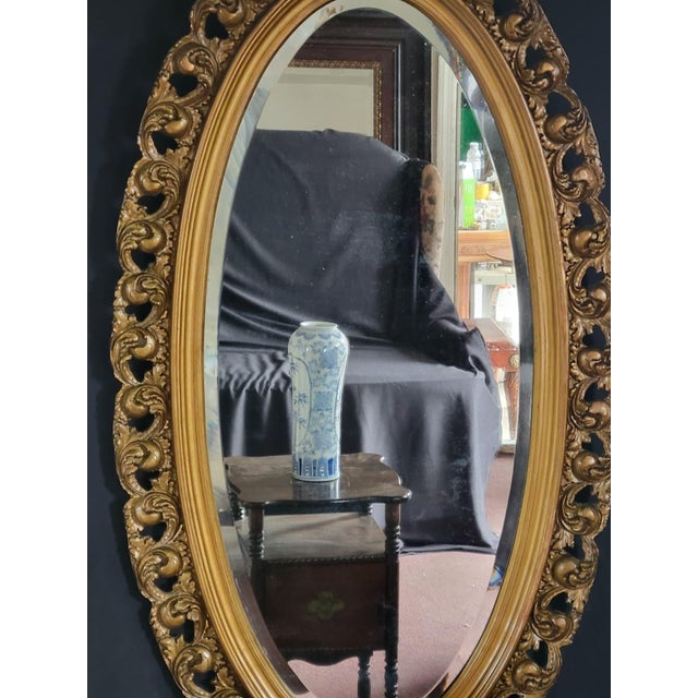Early 1900s French Style Hand Carved Gilded Oval Beveled Wall Mirror For Sale - Image 9 of 12