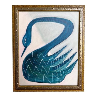 Original Blue Swan Painting in Ornate Gold Studded Frame, Oil on Canvas, 13" X 16" by Tatiana Duperault For Sale