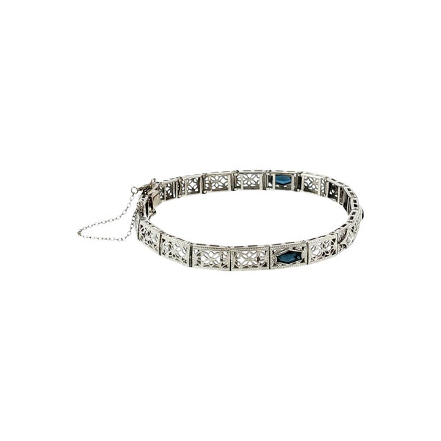 Mid-Century Modern 1930's 14k White Gold Synthetic Sapphire and Diamond Filigree Bracelet For Sale - Image 3 of 4