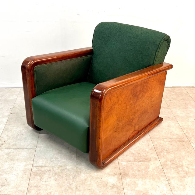 Mid-Century Modern Large Vintage Art Deco Italian Club Chair in Burl Walnut and Green Fabric, 1930s For Sale - Image 3 of 4