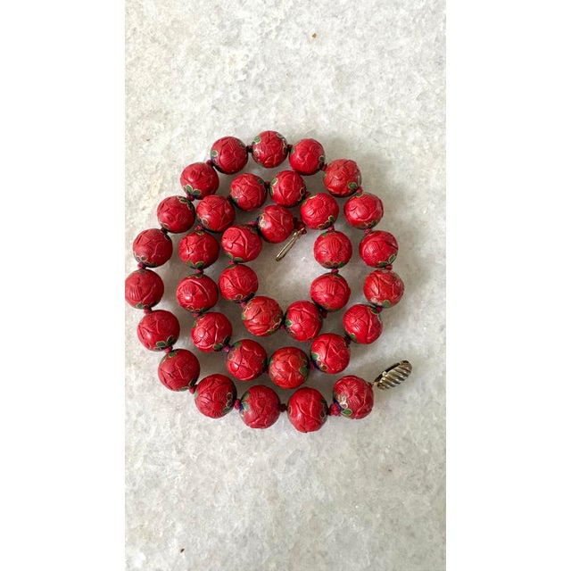 Asian Rare Antique Cinnabar Enamel Inlay Beaded Necklace For Sale - Image 3 of 5