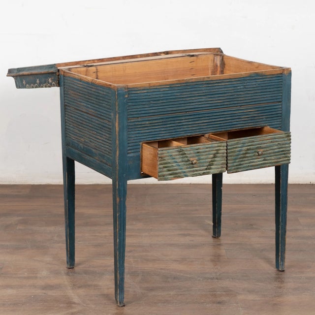 Antique 1850 Swedish Blue Painted Side Table Nightstand With Hidden Storage For Sale - Image 4 of 12