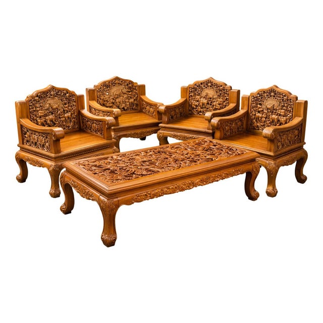 Wood Hand-Carved Teakwood Seating Set with Coffee Table, Indonesia, 1970s, Set of 5 For Sale - Image 7 of 7