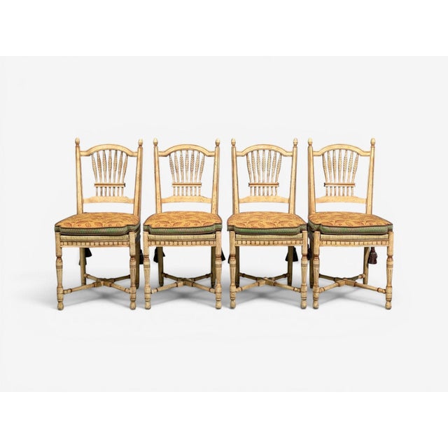 Regency, Four Dining Chairs, Painted Wood, Straw, Fabric, Usa, 1940s For Sale - Image 4 of 15
