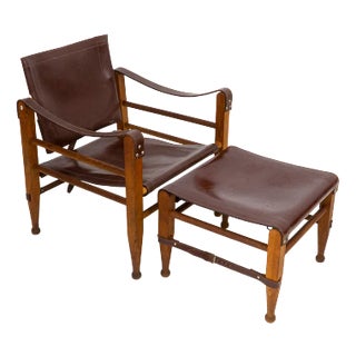 Set of Teak Safari Chair and Ottoman in Leather from Aage Bruru & Son, 1960s For Sale
