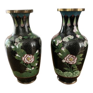 Antique Cloisonne' Vases in Black Motif - A Pair For Sale