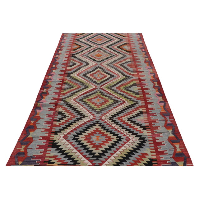 1950s Vintage Mid-Century Esme Diamond Blue and Red Wool Kilim Rug For Sale - Image 5 of 7