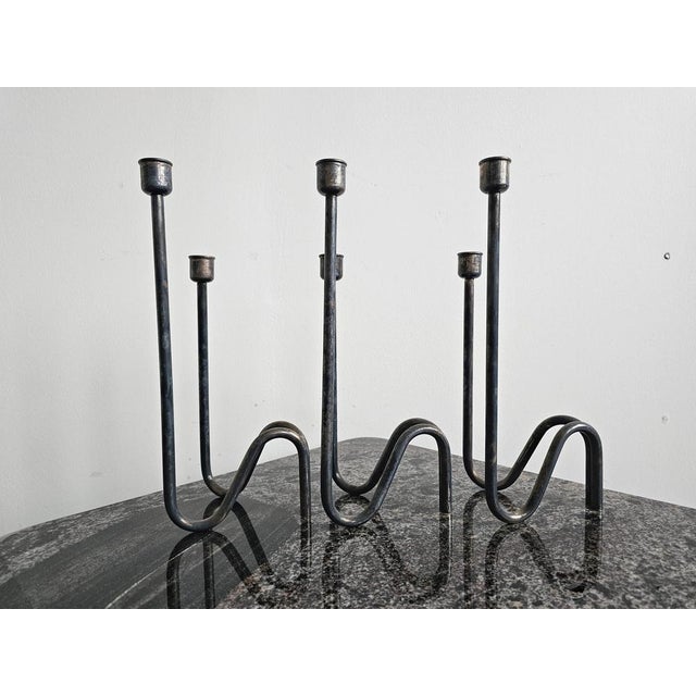 Set of 3 minimalist silver-plated candlestick holders designed by a renowned Italian designer and silversmith Lino...