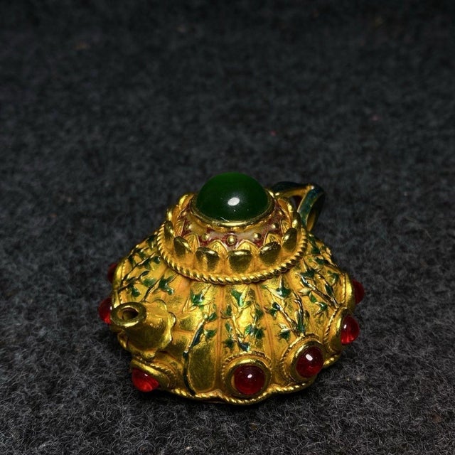 Metal Late 19th Century Set of 3 Gilt Bronze Miniature Teapots With Gemstones and Box For Sale - Image 7 of 9