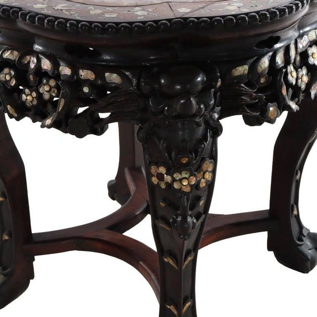 1920s Chinese Floral Carved Rosewood Rouge Marble Top Stand With Mother of Pearl Inlay For Sale - Image 9 of 12