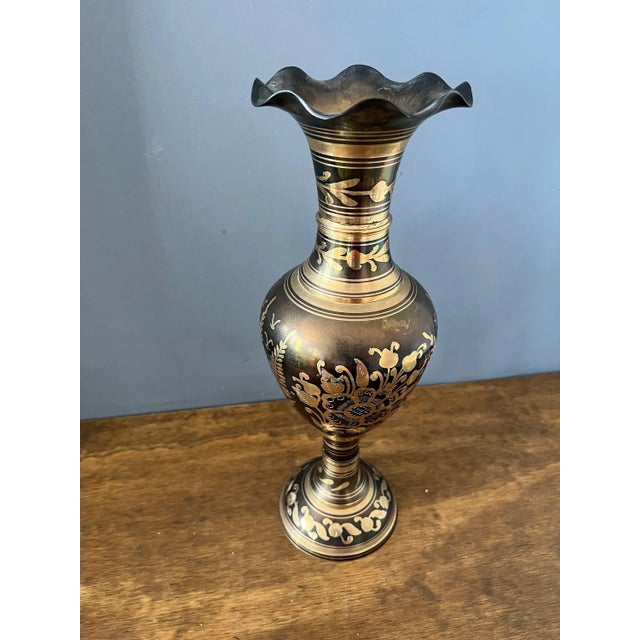 Large Vintage Etched Brass Vase For Sale - Image 4 of 8